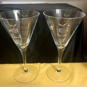 2 Etched Colony Romanian martini glasses. Floral etched